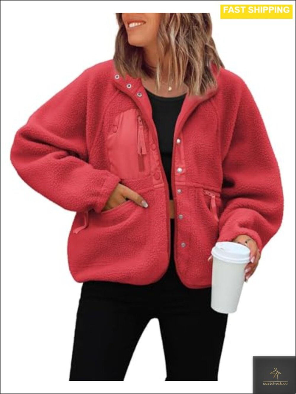 Women's Cropped Fuzzy Fleece Button Down Jacket Oversized Zip Pockets